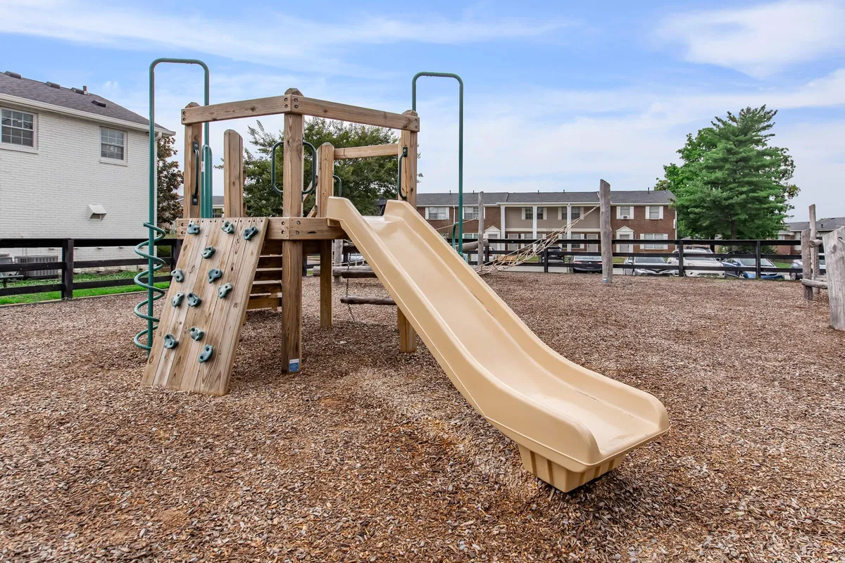This image features a vibrant playground with a slide and climbing wall, surrounded by green space. Children are actively playing, and the atmosphere is lively and joyful, suggesting a family-friendly environment ideal for outdoor gatherings and playdates.