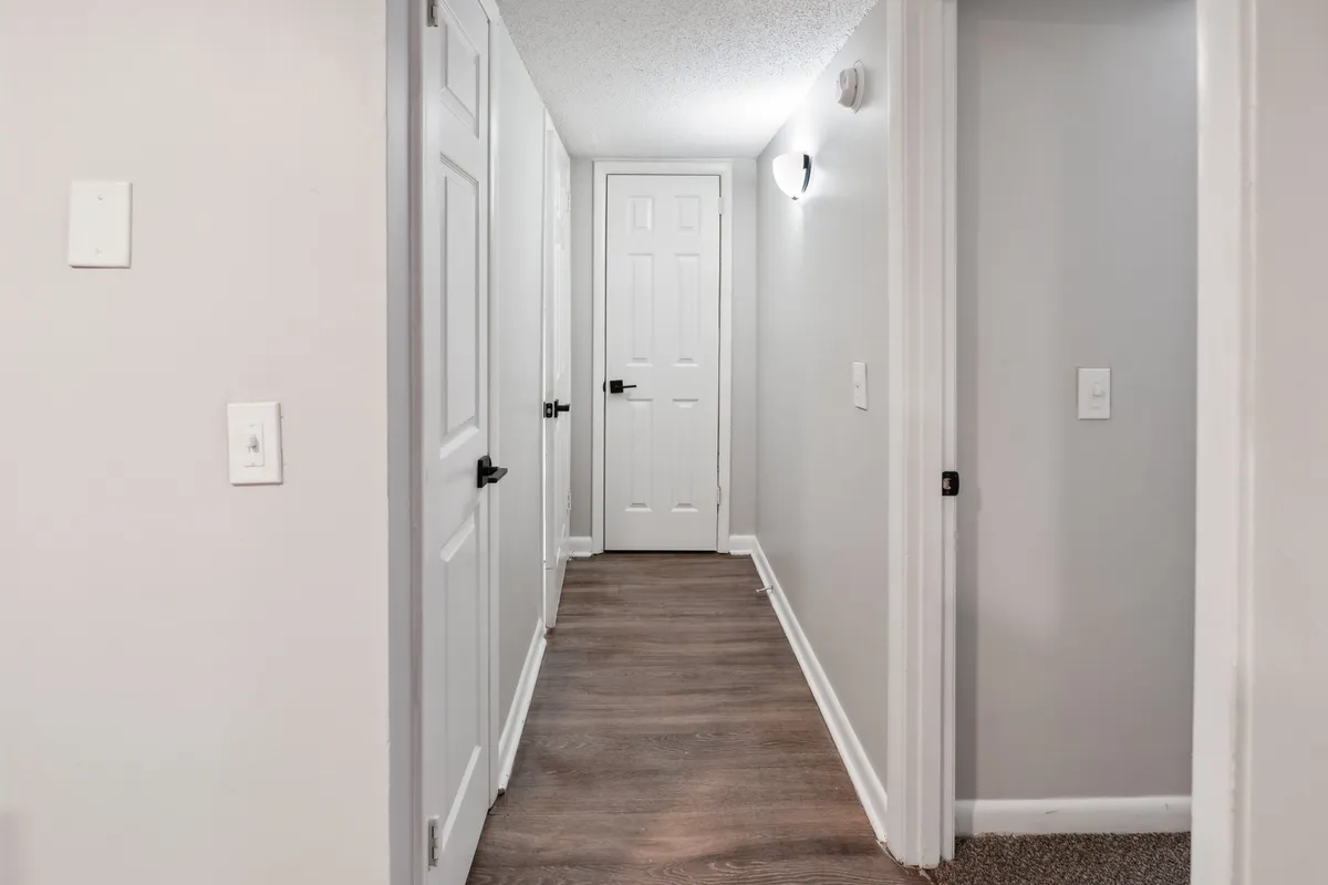 A neutral transitional space featuring doors, clean walls, modern flooring, and stylish lighting fixtures. The image captures a hallway or entry area, evoking movement between rooms and a sense of journey within the home.
