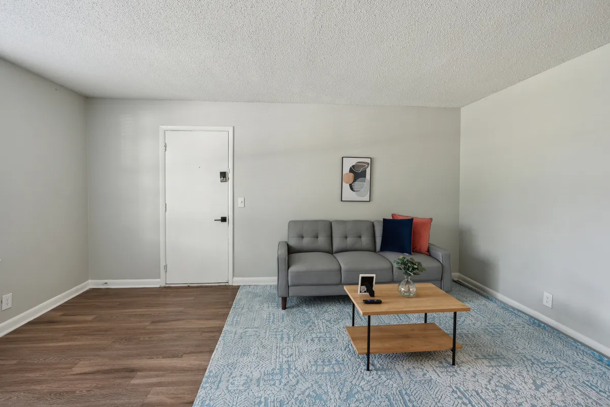 A spacious living room featuring a gray sofa with colorful cushions, a wooden coffee table, and decorative wall art. The room is filled with natural light, creating a welcoming atmosphere for relaxing, socializing, or reading.